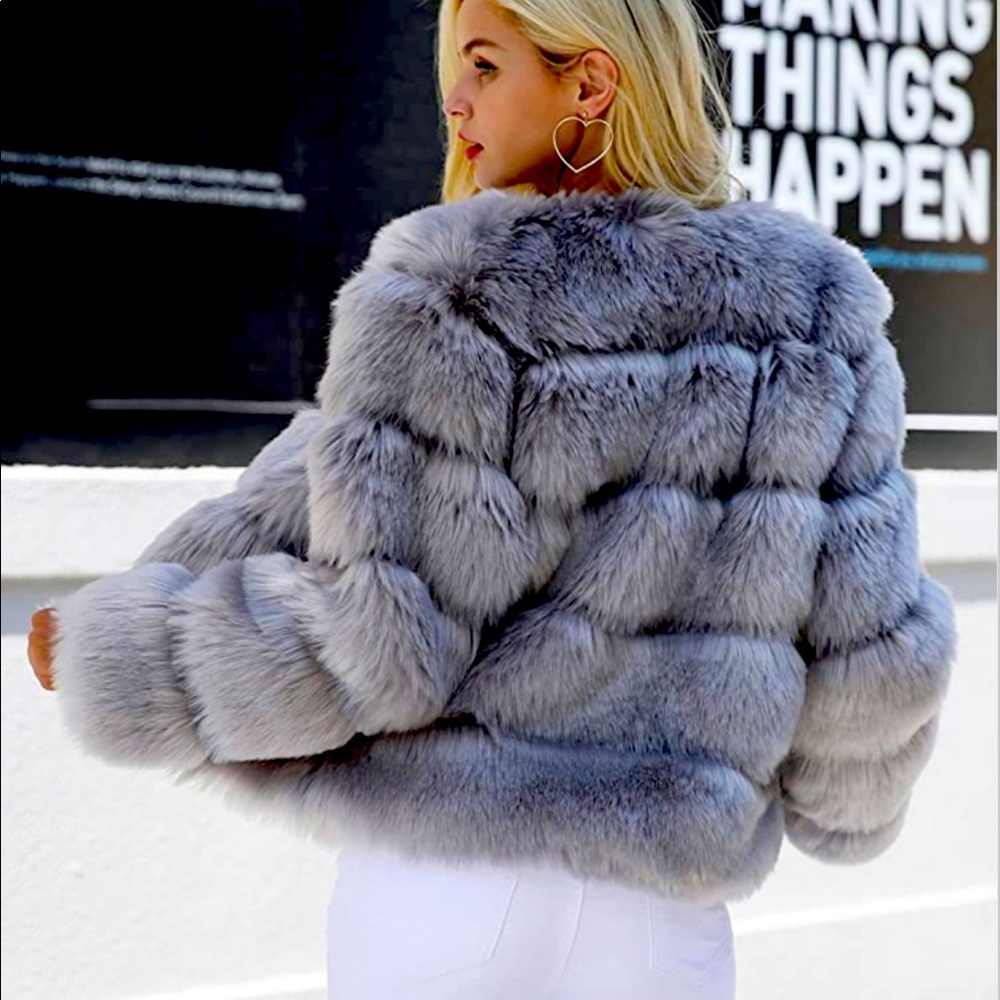 Fluffy Faux Fur Jacket, Gray, size M